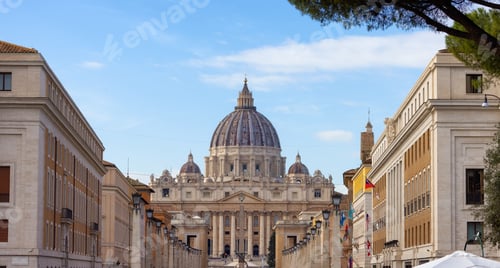 Preview: St. Peter's Basilica in urban streets of Downtown Rome, Italy.