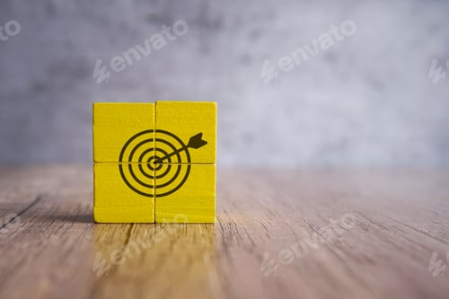 Preview: Target board icon on wooden cubes with copy space for text.