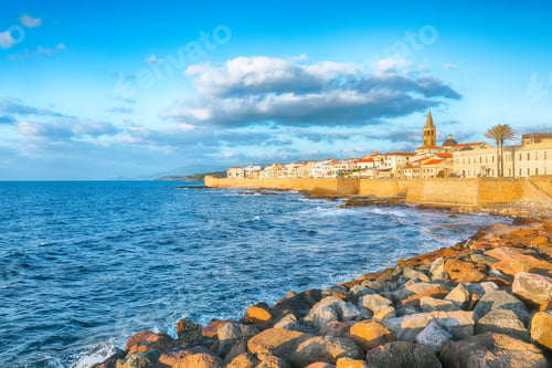 Preview: Remarkable evening cityscape of historical part of Alghero town.