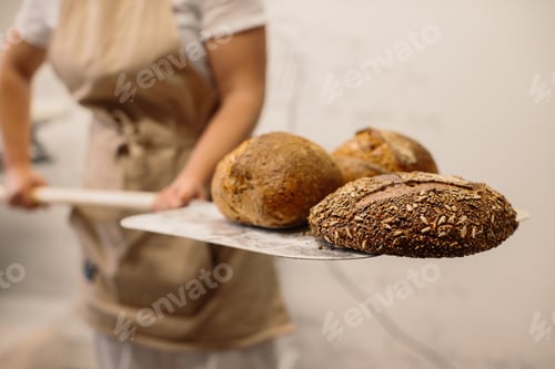 Preview: Female baker using a peel to take out a loaf of bread of the oven in a bakery