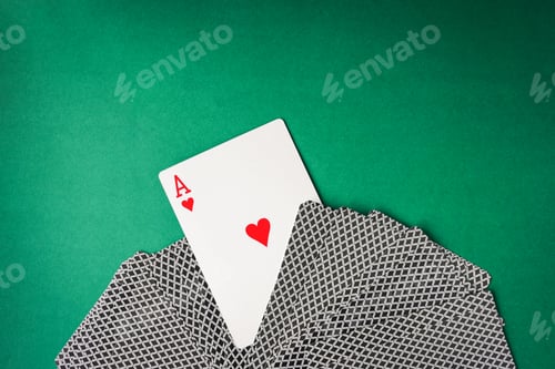 Preview: Heart ace with playing cards on green background. Free space for text