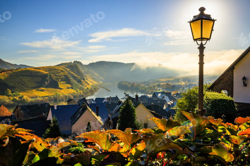 Preview: Panoramic view of a cityscape: sunrise on the Moselle, Bremm
