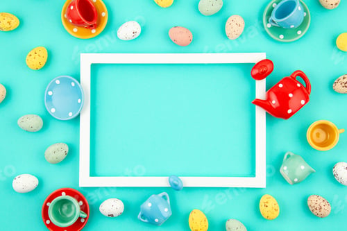 Preview: Toy tea cups and Easter eggs with white frame over turquoise paper background. Easter celebration