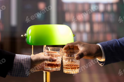 Preview: Diverse gentlemen clinking glasses of whiskey and toasting
