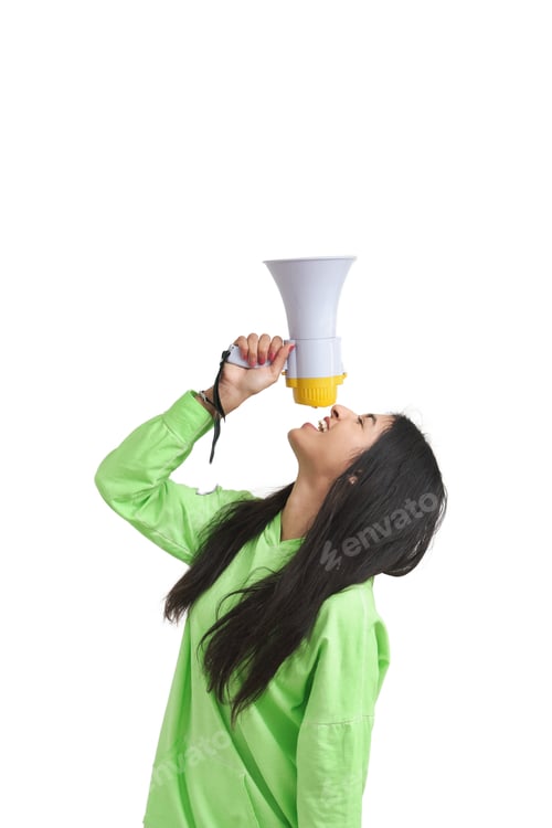 Preview: Young Venezuelan woman shouting through megaphone, isolated.