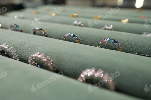 Preview: Several rows of beautiful rings with gemstones