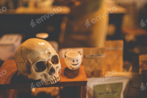 Preview: Halloween party concept decorate in cafe, decoration with human skull and pumpkin in holiday