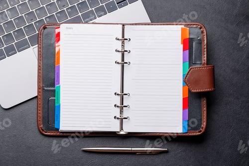 Preview: Office desk table with notepad, cup of coffee and supplies