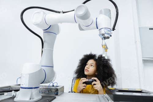 Preview: Girl with afro hairstyle wear yellow T-shirt using joystick control smart robotics arm at class room
