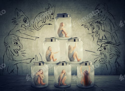 Preview: Lack, Violation Of Human Rights. Young Lonely Woman Sitting In A Pile Of Glass Jars Surrounded By