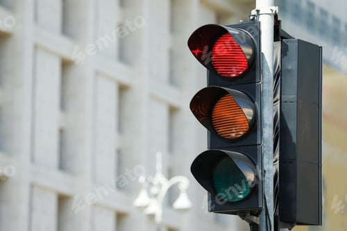 Preview: View of traffic light in city, space for text