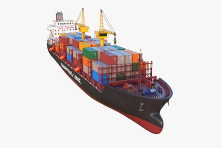 Vorschau: Frachtfrachter: Geladenes Containerschiff mit Kränen