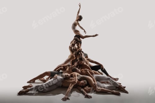 Preview: The group of modern ballet dancers. Contemporary art ballet. Young flexible athletic men and women