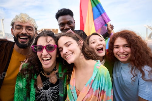 Preview: Group happy young people taking funny selfie celebrating gay pride festival day.
