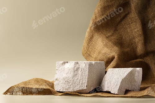 Preview: Granite stone podium decorated with sackcloth on beige background