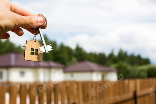 Preview: Wooden pendant of a house and key. Background of fence and cottage
