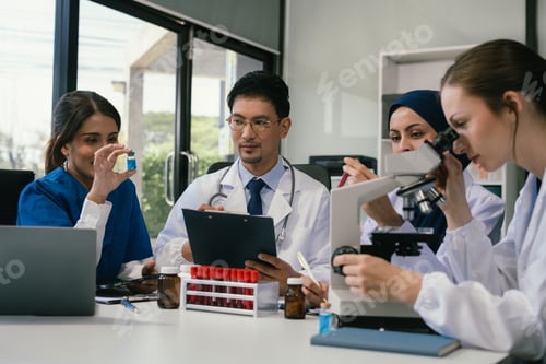Preview: Medical, meeting and laptop for team in office in discussion, brainstorming and planning.