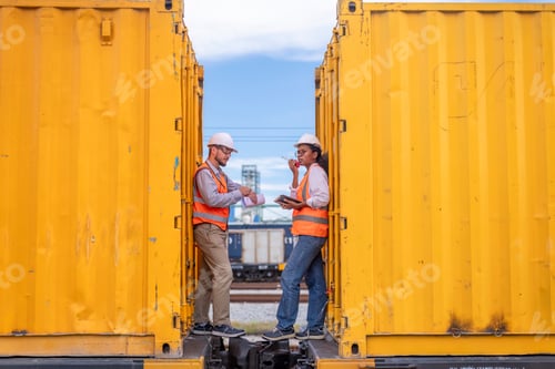 Preview: Engineers railway survey wearing safety uniform and helmet under conversation document on hand inspe