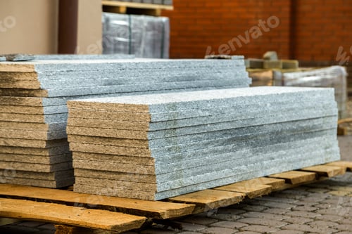 Preview: Piles of granite marble slabs. Stone sheets for decorative construction.