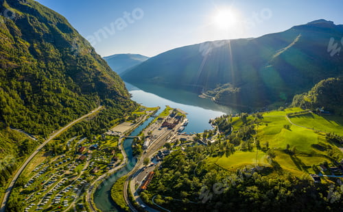 Preview: Aurlandsfjord Town Of Flam at dawn.