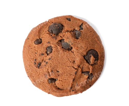 Preview: Tasty cookie with chocolate chips on white background, top view