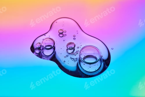 Preview: A drop of cosmetic serum on a multicolored background in shades of blue and lilac.