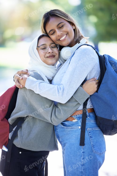 Preview: Islamic students, backpack or hug in park, garden or school campus for bonding, friends acceptance