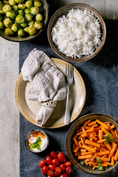 Preview: Vegan dinner table with rice and vegetables