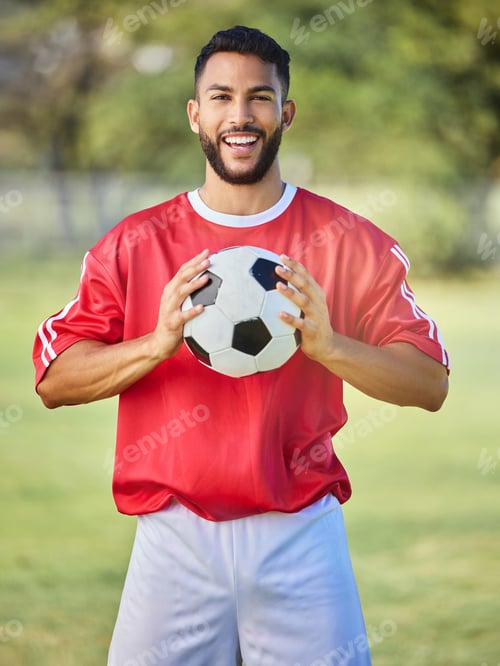 Vista previa: Soccer, sports and man on a field for a game, training or competition. Portrait of a young, happy a