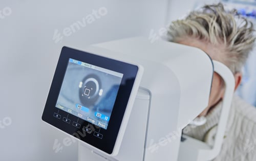 Preview: Optometry, machine and woman with vision test, eye correction and retina consultation. Healthcare,