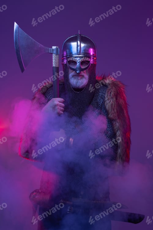Preview: Cyberpunk elder viking with axe in smoke
