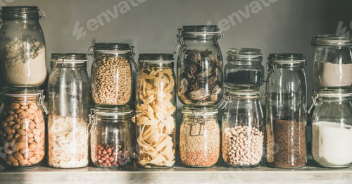 Preview: Rustic kitchen food storage arrangement in glass jars