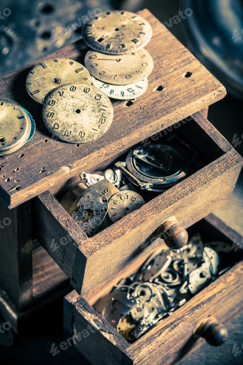 Preview: Aged watchmaker's room with damaged clocks