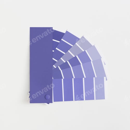 Preview: Color swatches with color of the year 2022 - Very Peri. Color trend palette. Top view, flat lay.