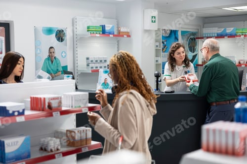 Preview: Female drugstore employee helping senior person with prescription refill