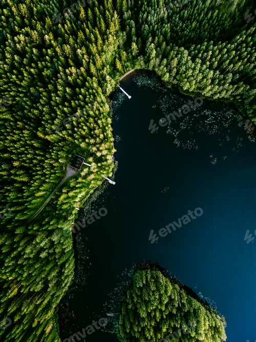 Preview: Aerial view of log cabin cottage in green summer woods by blue lake in Finland