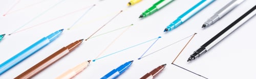 Preview: panoramic shot of colorful felt-tip pens on white background with connected drawn lines, connection