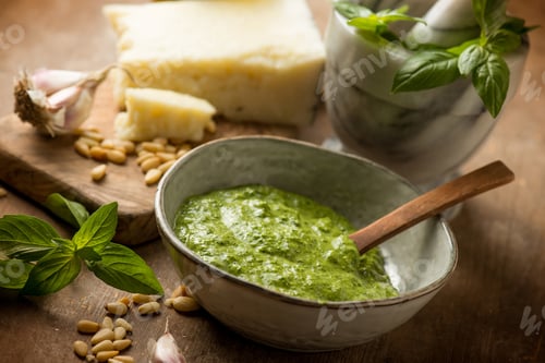 Preview: bowl with traditional italian pesto and ingredients