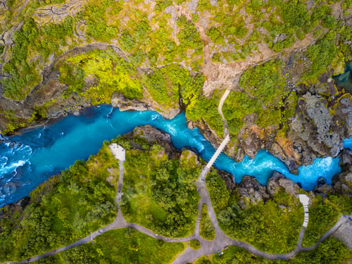 Preview: Aerial drone view of Barnafoss and Hraunfossars waterfall in west Iceland