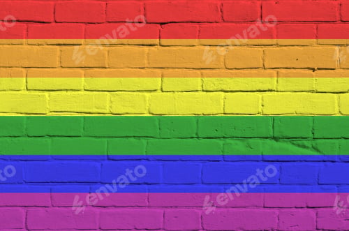 Preview: LGBT community flag depicted in paint colors on old brick wall close up