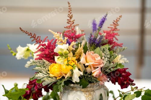 Preview: wedding table decoration with flowers on the table in the castle, table decor for dinner by