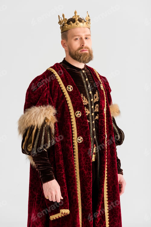 Preview: handsome king with crown looking at camera isolated on grey