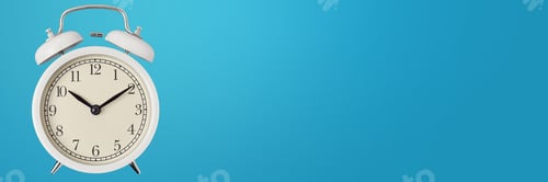Preview: White vintage alarm clock on a blue background, long banner