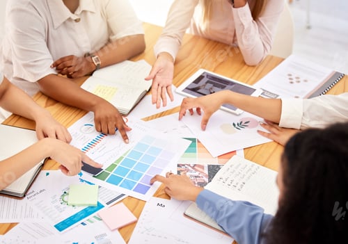 Preview: Logo, branding and team of designers in a business meeting collaboration planning and designing a c