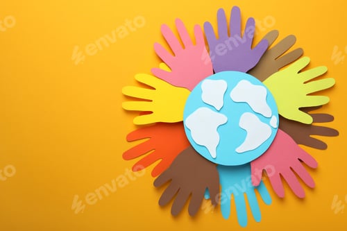 Preview: Colorful Paper Hands Surrounding Paper Earth on Background