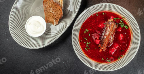 Preview: Traditional Ukrainian borscht with rich red broth, tender vegetables and braised meat