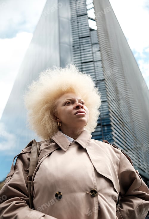 Preview: Proud albino woman posing in front of skyscraper and looking away.