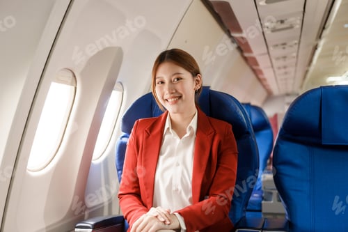 Preview: An Asian businesswoman travels abroad plane, sitting near window.reads a book uses her computer,
