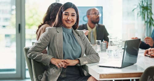 Preview: Business woman, portrait and laptop with research, proposal and planning in meeting at finance job.