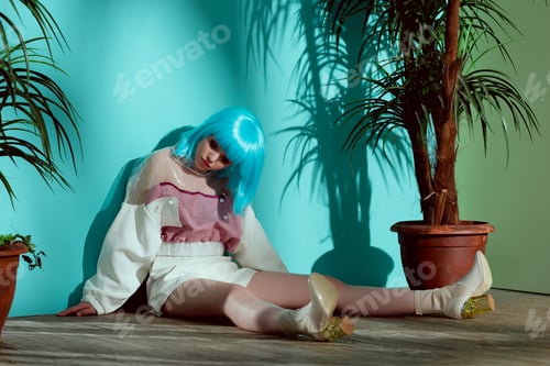 Preview: stylish girl in blue wig pretending to be a doll and sitting on floor between potted plants